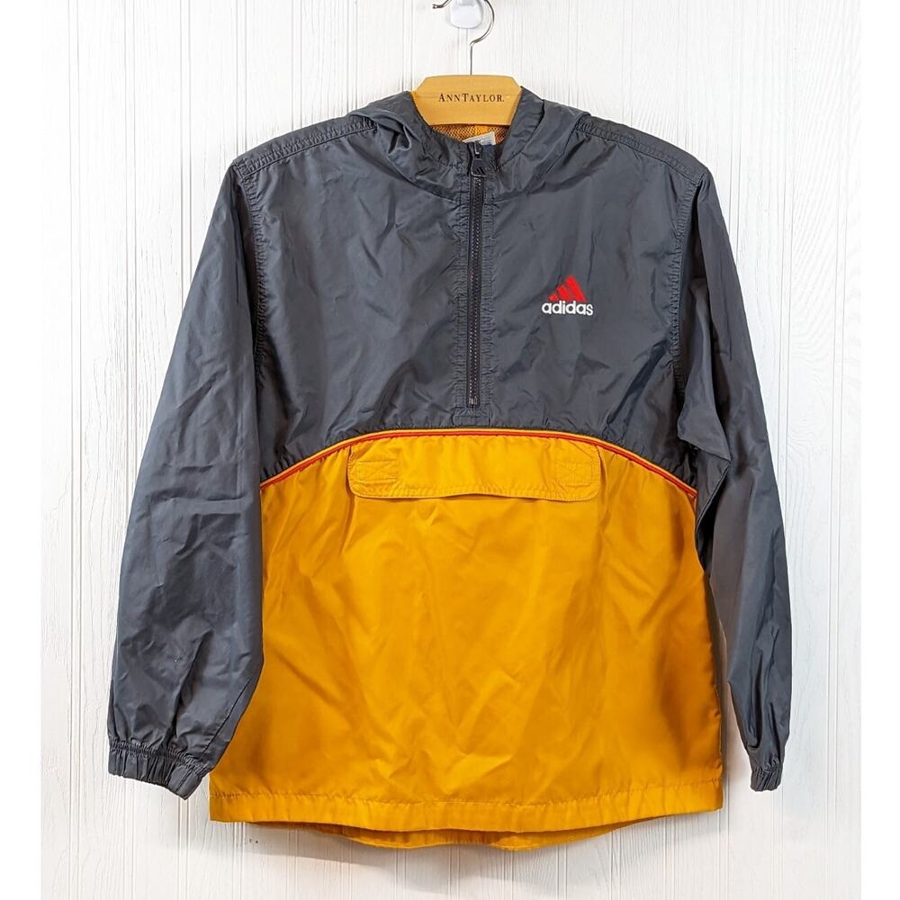 Adidas Youth Windbreaker Gray Orange Track 1/4 Zip Hooded Jacket Size L 14-16